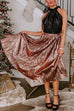 High Waist Pleated Metallic Midi Skirt