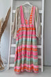 Mixiedress V Neck Puff Sleeve Color Block Printed Swing Dress