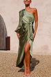 Mixiedress One Shoulder Tie Waist Satin Tulip Maxi Party Dress