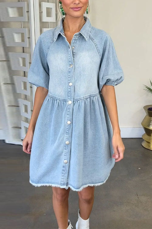 Mixiedress Half Sleeves Button Down A-line Denim Shirt Dress