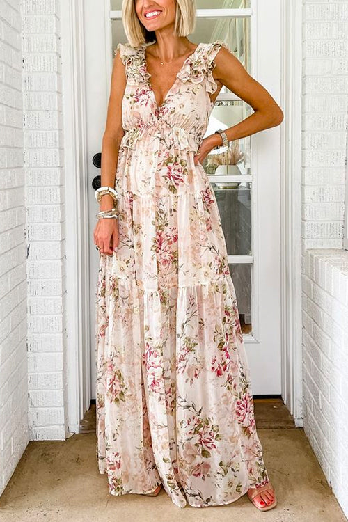 Wonderful Wishes V Neck Bow Back Floral Print Maxi Dress