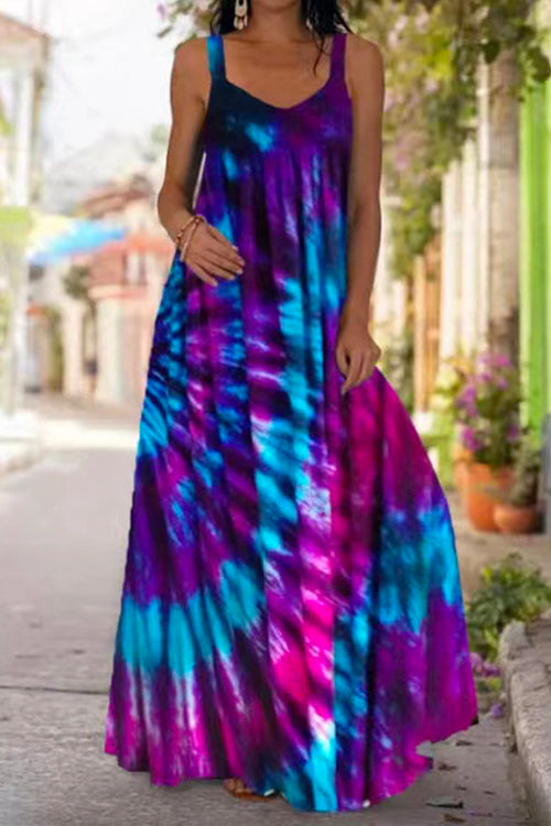 Mixiedress U Neck Tie Dye Maxi Swing Cami Dress