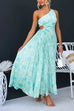 One Shoulder Drawstring Cut Out Waist Printed Maxi Pleated Dress