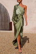 Mixiedress One Shoulder Tie Waist Satin Tulip Maxi Party Dress