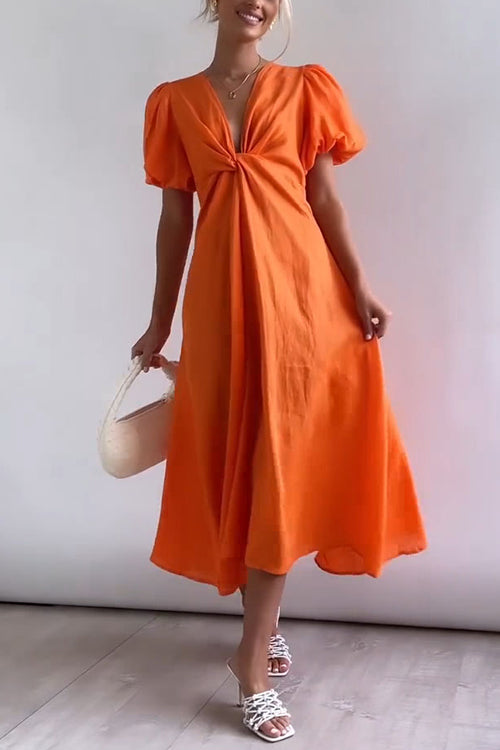 Mixiedress V Neck Twist Knot Front Puff Sleeves Cotton Linen Maxi Dress
