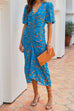Mixiedress V Neck Puff Sleeve Ruched Printed Bodycon Dress
