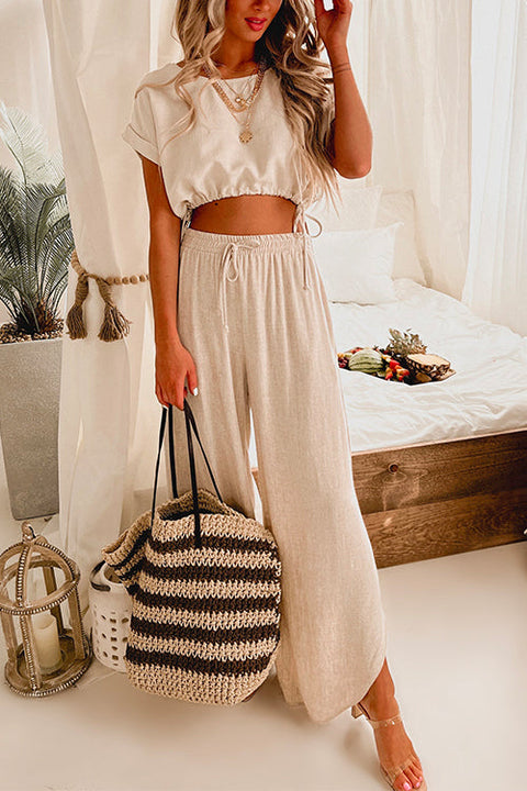 Mixiedress Drawstring Hem Crop Top Wide Leg Pants Loungewear Set