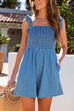 Mixiedress Sleeveless Bow Knot Shoulder Smocked Denim Romper