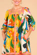 Mixiedress 3/4 Sleeves Tropic Print Cotton Linen Dress
