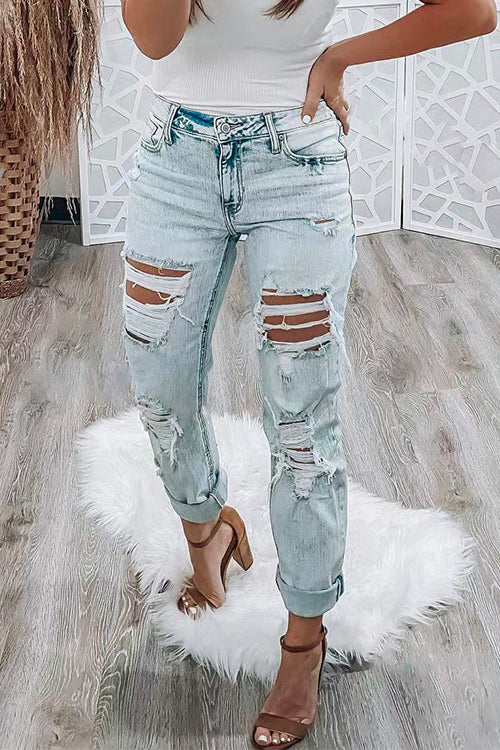 Mixiedress Distressed High Rise Ripped Boyfriend Denim Pants