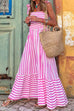 Mixiedress Striped Bow Knot Shoulder Smocked Ruffle Maxi Holiday Dress