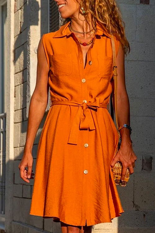 Mixiedress Solid Tie Waist Sleeveless A-line Shirt Dress