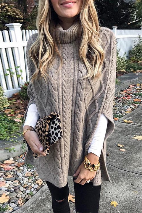 Mixiedress Solid Turtleneck Warm Cable Knit Cloak Sweater