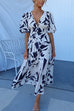 Mixiedress V Neck Puff Sleeves Printed Maxi Flowy Dress