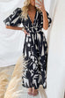 Mixiedress V Neck Puff Sleeves Printed Maxi Flowy Dress