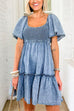 U Neck Flare Sleeves Waisted Chambray Denim Dress