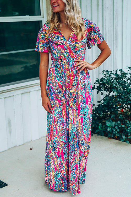 Mixiedress V Neck Short Sleeve High Waist Printed Maxi Swing Dress