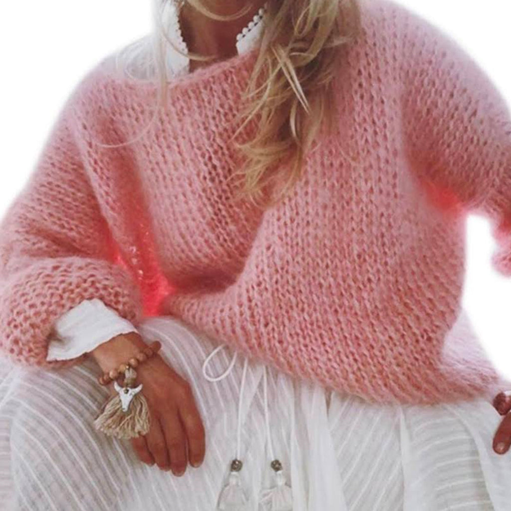 Mixiedress Solid Boat Neck Fluffy Knitting Sweater