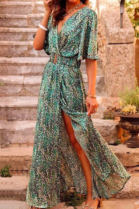 Mixiedress Wrap V Neck Flare Sleeve High Slit Maxi Printed Dress