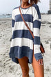 Mixiedress Crewneck Long Sleeve Striped Side Split High Low Hem Dresses