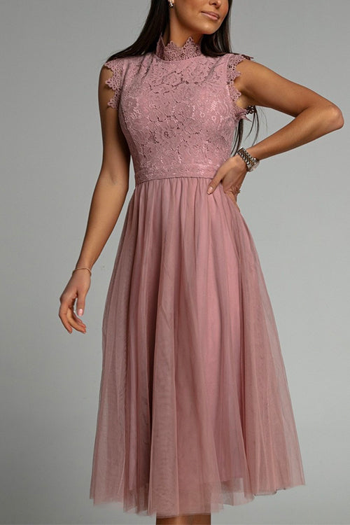 Mixiedress Sleeveless Lace Splice Waisted Mesh Dress