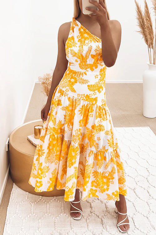 Mixiedress One Shoulder Sleeveless Printed Swing Maxi Dress