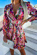 Mixiedress Printed V Neck Long Sleeve Belted Ruffle Swing Dress