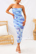 Ruched Strapless Tube Top Printed Bodycon Midi Dress