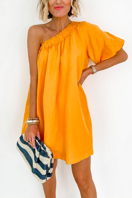 One Shoulder Puff Sleeve Solid Loose Mini Dress