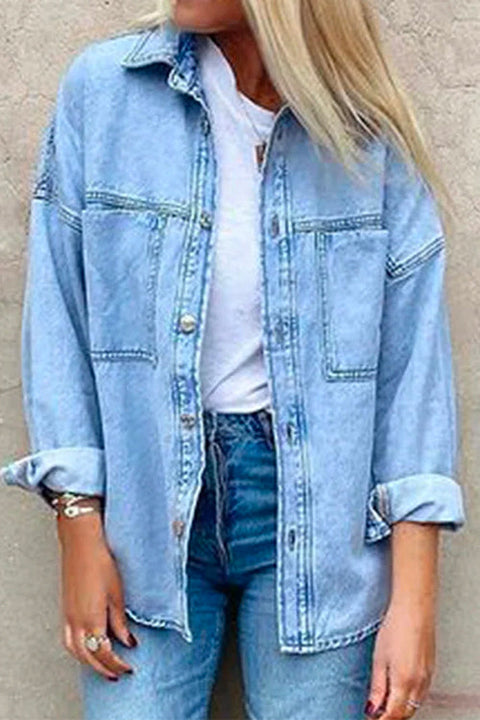 Mixiedress Drop Shoulder Long Sleeves Distressed Boyfriend Denim Shacket