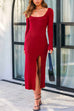 Mixiedress Square Collar Slit Ribbed Knit Bodycon Midi Dress