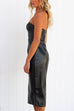 Off Shoulder Strapless Faux Leather Midi Dress