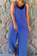 Mixiedress Scoop Neck Buttons Wide Leg Solid Cotton Linen Overalls