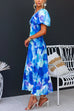 V Neck Twist Front Puff Sleeves Floral Print Midi Dress