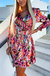 Mixiedress Printed V Neck Long Sleeve Belted Ruffle Swing Dress