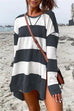 Mixiedress Crewneck Long Sleeve Striped Side Split High Low Hem Dresses