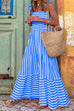 Mixiedress Striped Bow Knot Shoulder Smocked Ruffle Maxi Holiday Dress