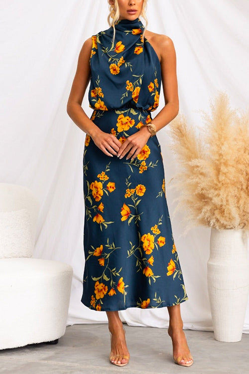 Mockneck Sleeveless Waisted Floral Midi Dress