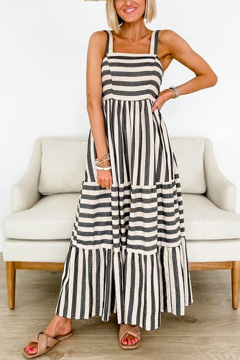 Sleeveless High Waist Striped Maxi Swing Dress
