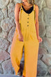 Mixiedress Scoop Neck Buttons Wide Leg Solid Cotton Linen Overalls