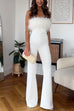 Mixiedress Strapless Feather Tube Top Flare Bottoms Jumpsuit