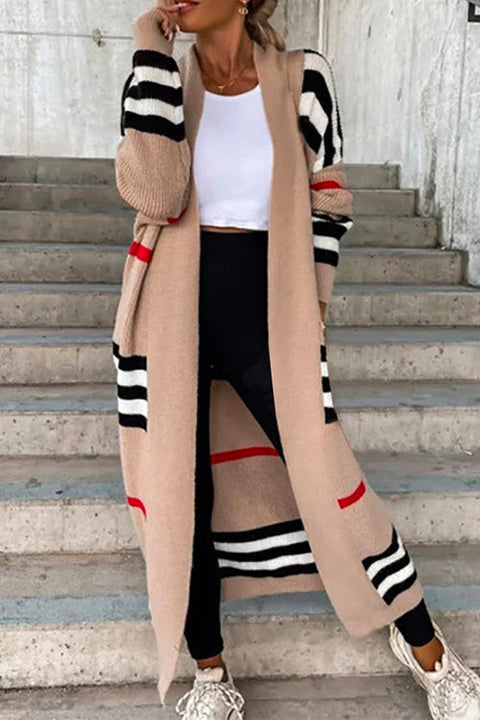 Mixiedress Open Front Color Block Striped Splice Long Sweater Cardigan