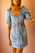 Puff Sleeves Pocketed Button Down Belted Denim Mini Dress