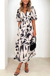 Mixiedress V Neck Half Sleeves Waisted Printed Maxi Swing Dress
