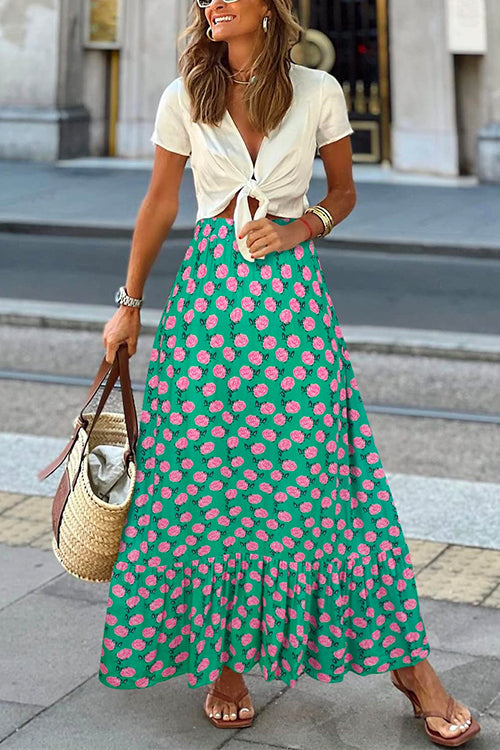 Mixiedress High Waist Printed Maxi Ruffle Swing Skirt