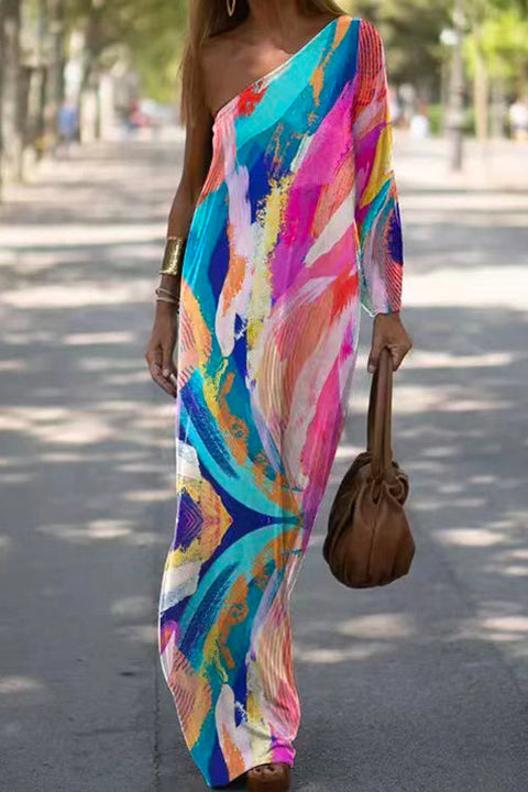 Mixiedress One Shoulder Long Sleeve Tie Dye Maxi Holiday Dress