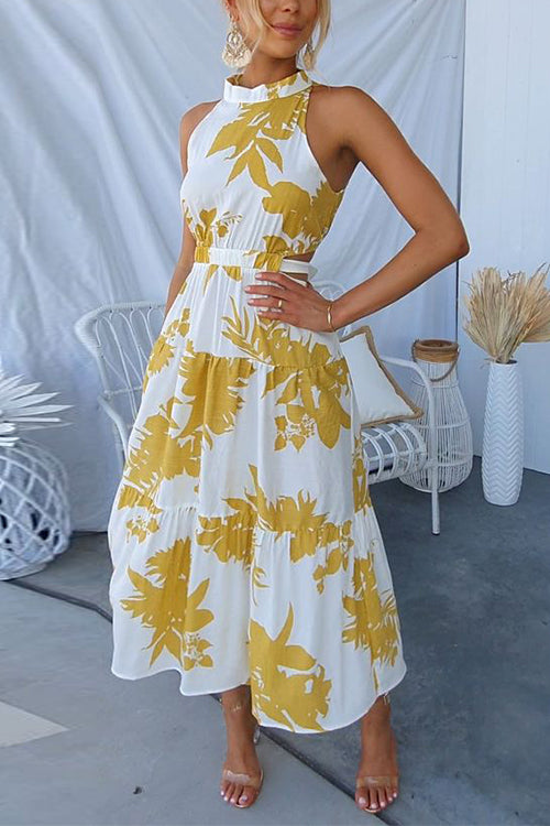 Sleeveless Cut Out Tie Back Printed Midi Dress