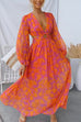 Deep V Neck Backless Cut Out Printed Maxi Flowy Dress