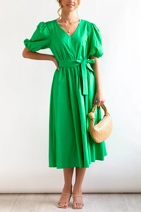 Mixiedress V Neck Short Sleeve Knot Waist Solid Swing Dress