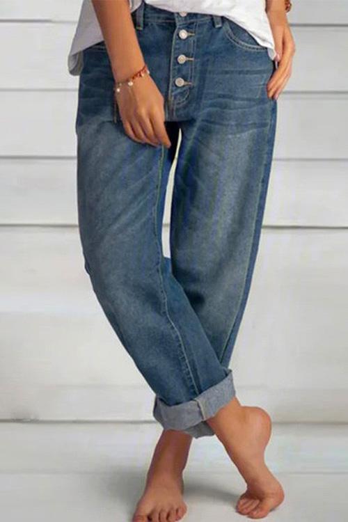 Mixiedress Mid Waist Buttons Straight Leg Jeans